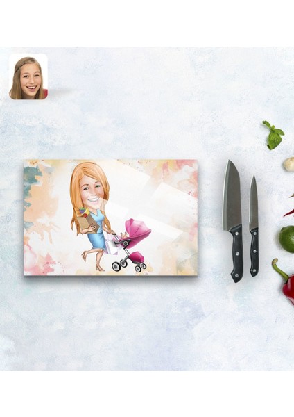 Kişiye Özel Ev Hanımı Karikatürlü Cam Kesme ve Sunum Tablası 20X30CM Model 1