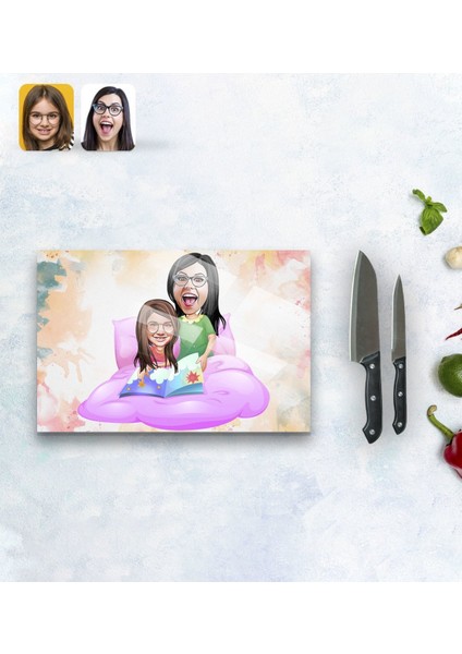 Kişiye Özel Anne Kız Karikatürlü Cam Kesme ve Sunum Tablası 20X30CM Model 3