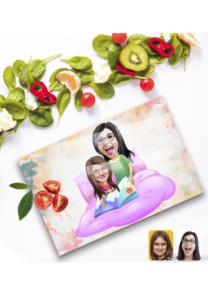 Kişiye Özel Anne Kız Karikatürlü Cam Kesme ve Sunum Tablası 20X30CM Model 3 fiyatları