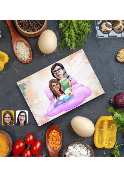Kişiye Özel Anne Kız Karikatürlü Cam Kesme ve Sunum Tablası 20X30CM Model 3 modelleri