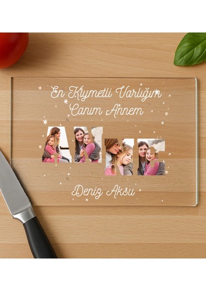 Kişiye Özel Fotoğraflı Mesajlı Cam Kesme ve Sunum Tablası 20X30CM-2, Anneye Hediye, Sevgiliye Hediye, Eşe Hediye