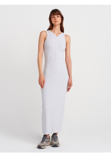 91467 Düğme Detaylı Maxi Boy Elbise-Gri Melanj