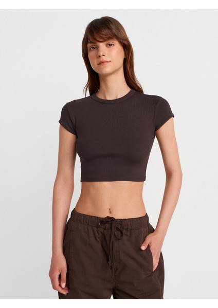 31810 Bisiklet Yaka Crop T-Shirt-Koyu Kahve