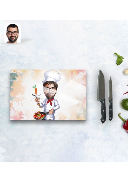Kişiye Özel Erkek Chef Karikatürlü Cam Kesme ve Sunum Tablası 20X30CM Model 1