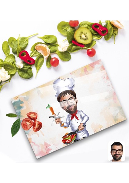 Kişiye Özel Erkek Chef Karikatürlü Cam Kesme ve Sunum Tablası 20X30CM Model 1