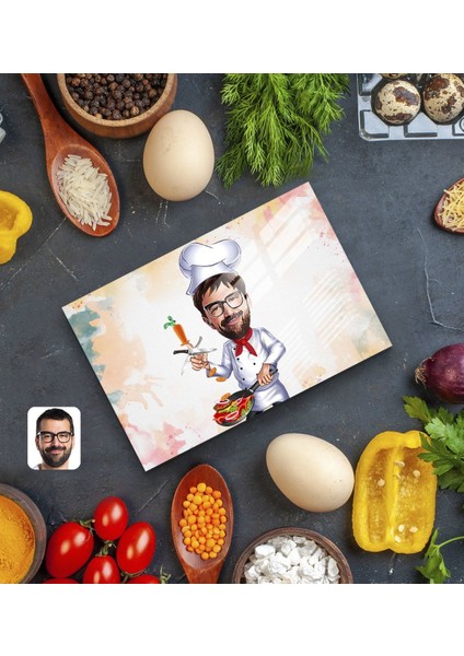 Kişiye Özel Erkek Chef Karikatürlü Cam Kesme ve Sunum Tablası 20X30CM Model 1