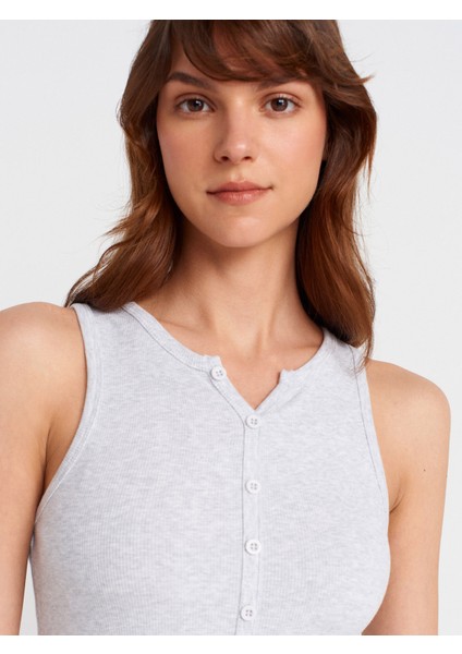 91467 Düğme Detaylı Maxi Boy Elbise-Gri Melanj