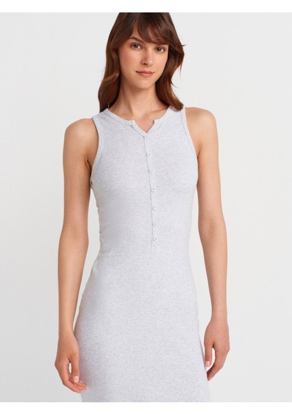 91467 Düğme Detaylı Maxi Boy Elbise-Gri Melanj