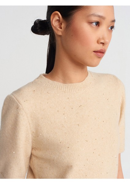 10703 Bisiklet Yaka Pullu Simli Triko Kazak-Bej