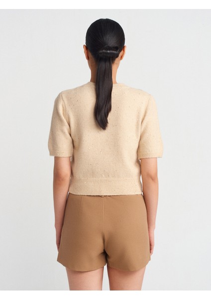 10703 Bisiklet Yaka Pullu Simli Triko Kazak-Bej fiyatları