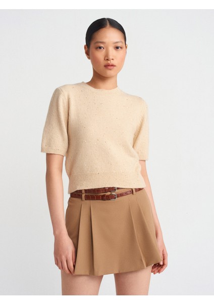 10703 Bisiklet Yaka Pullu Simli Triko Kazak-Bej modelleri