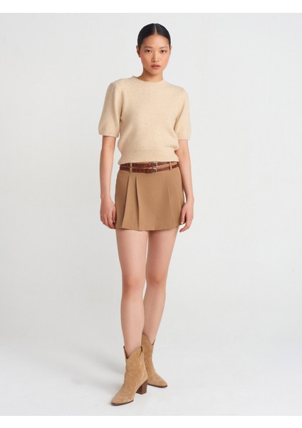 10703 Bisiklet Yaka Pullu Simli Triko Kazak-Bej fırsatları