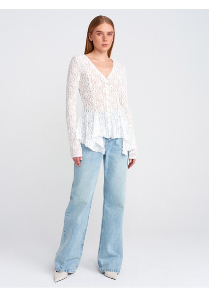 60433 Düğmeli Peplum Dantel Hırka-Ekru