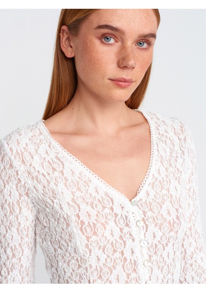 60433 Düğmeli Peplum Dantel Hırka-Ekru