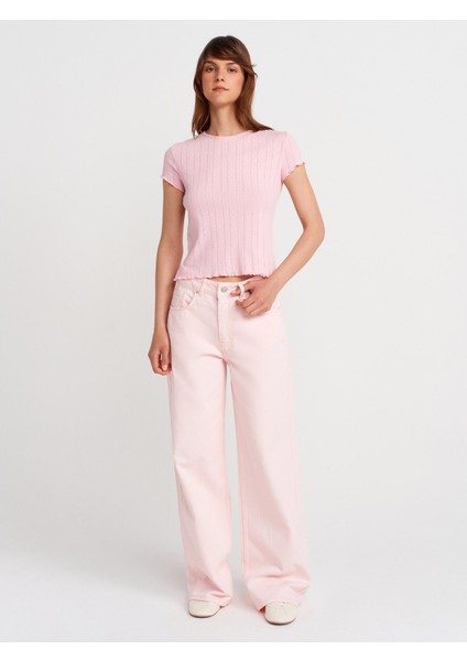 71994 Parçaboya Wideleg Denim Pantolon-Pembe