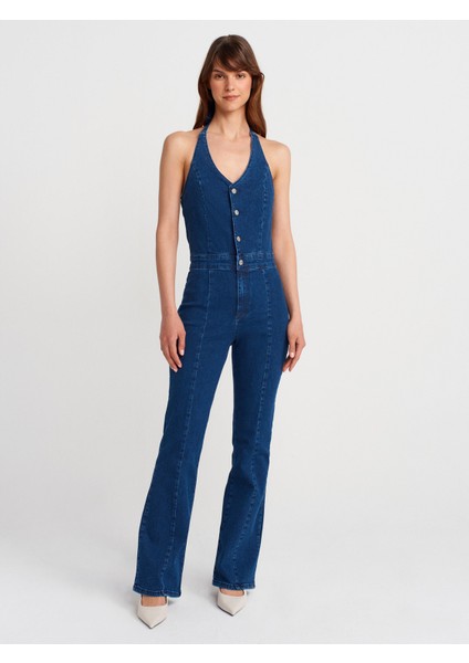 72011 Boyundan Bağlamalı Likralı Denim Tulum-Mavi