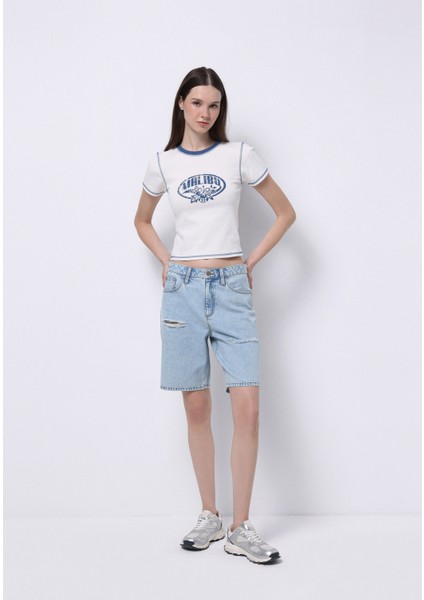 Slim Fit Yuvarlak Yaka Baskılı Kadın Beyaz Kısa Kol Tişört modelleri