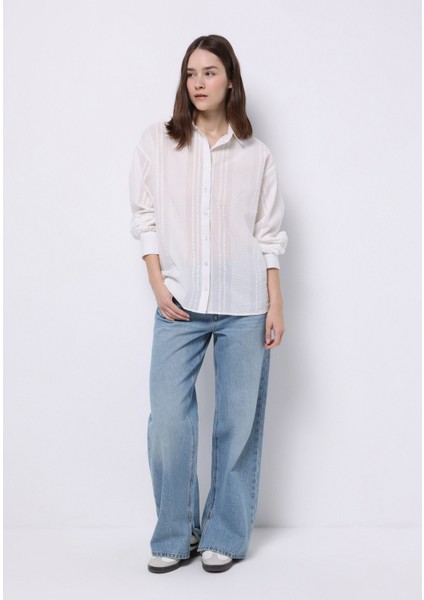 Regular Fit Shirt Neck Düz Kadın Beyaz Uzun Kol Gömlek modelleri