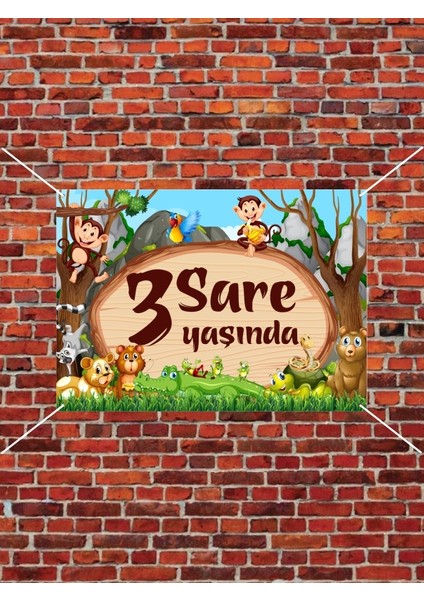 Kişiye Özel Hayvanlar Safari Temalı Doğum Günü Branda Afişi Arkaplan Süslemesi