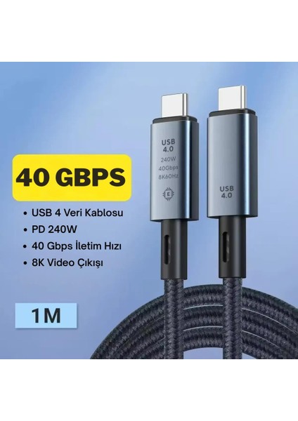 1mt USB 4.0 240W Type-C Şarj Kablosu 40GBPS Veri Aktarım Type-C 8k 60HZ Görüntü Aktarım Kablosu