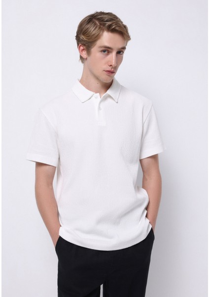 Comfort Fit Polo Yaka Düz Erkek Beyaz Kısa Kol Tişört