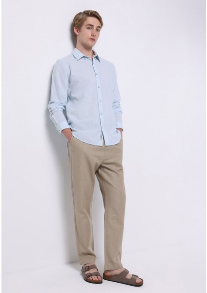 Regular Fit Shirt Neck Düz Erkek Keten Karışımlı Açik Mavi Uzun Kol Gömlek modelleri