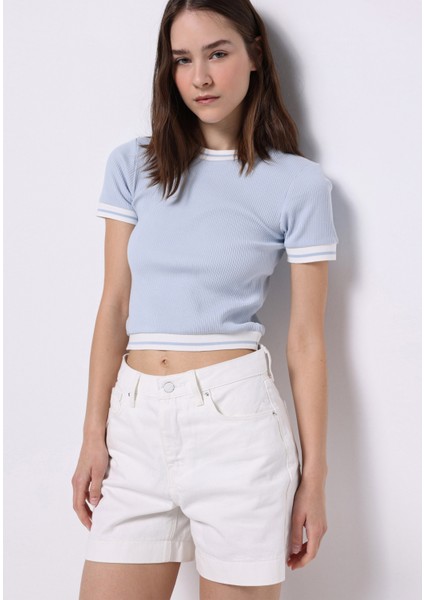 Slim Fit Yuvarlak Yaka Düz Kadın Mavi Kısa Kol Tişört