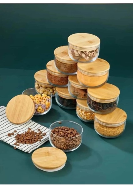 Bambu Kapaklı Cam 3 Boy 4'lü Erzak & Baharat Kavanoz Seti (12 Adet ) (380 Ml- 1000 Ml- 1400 Ml)