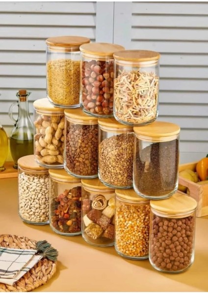 Bambu Kapaklı Cam 3 Boy 4'lü Erzak & Baharat Kavanoz Seti (12 Adet ) (380 Ml- 1000 Ml- 1400 Ml)