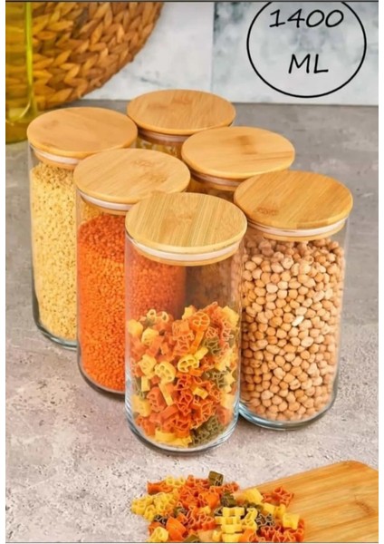 Bambu Kapaklı Cam 3 Boy 4'lü Erzak & Baharat Kavanoz Seti (12 Adet ) (380 Ml- 1000 Ml- 1400 Ml)