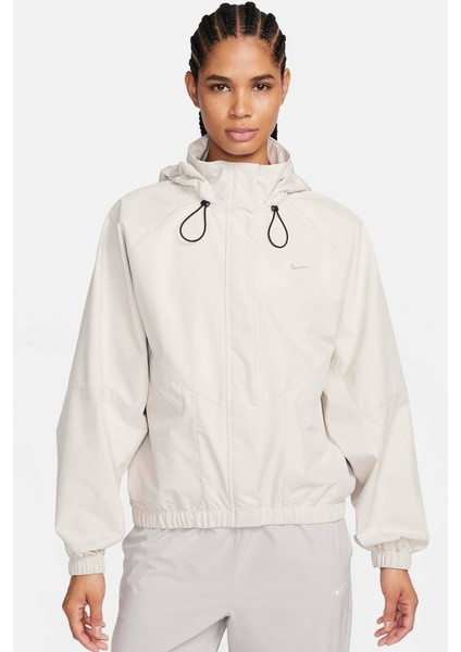 Storm Fit Swift Women's Running Jacket Oversize Kadın Kapüşonlu Yağmur Geçirmez Hava Panelli Koşu Ceket Krem