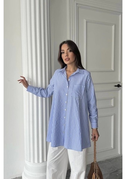 Mavi Çizgili Uzun Gömlek