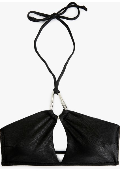 Metal Aksesuarlı Pencere Detaylı Bağlamalı Halter Yaka Parlak Bikini Üstü
