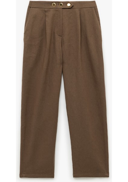 Cepli Pile Detaylı Düğmeli Keten Pantolon