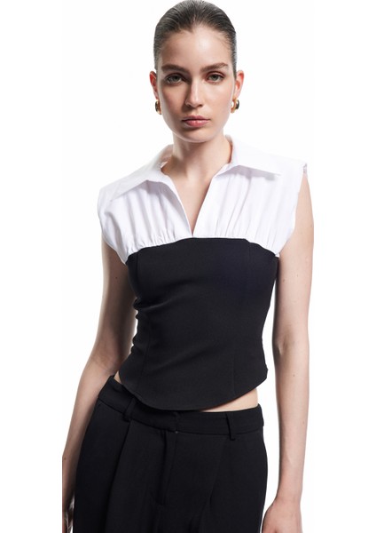 Pamuklu Renk Kontrastlı Gömlek Yaka Poplin Kolsuz Bluz