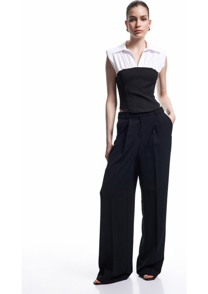 Pamuklu Renk Kontrastlı Gömlek Yaka Poplin Kolsuz Bluz fiyatları