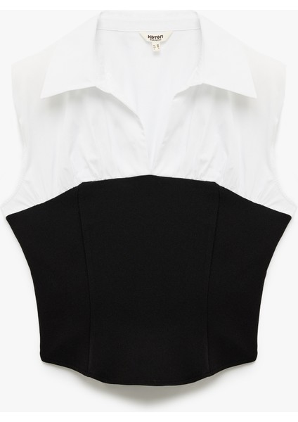 Pamuklu Renk Kontrastlı Gömlek Yaka Poplin Kolsuz Bluz modelleri