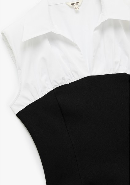 Pamuklu Renk Kontrastlı Gömlek Yaka Poplin Kolsuz Bluz indirimleri