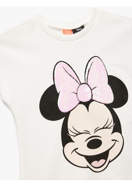 Pamuklu Pullu Payetli Bisiklet Yaka Kısa Kollu Lisanslı Minnie Mouse Tişört