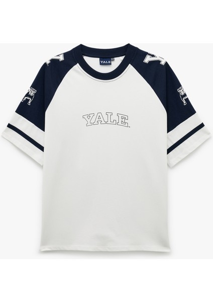Pamuklu Baskılı Kısa Reglan Kollu Bisiklet Yaka Renk Bloklu Oversize Lisanslı Yale Tişört