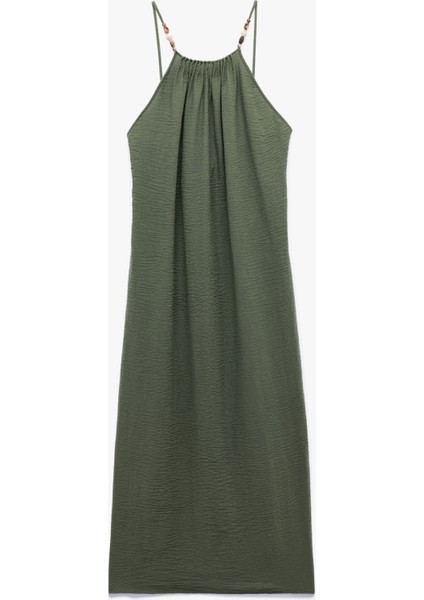 Boncuk Detaylı Ince Askılı Halter Yaka Uzun Plaj Elbisesi