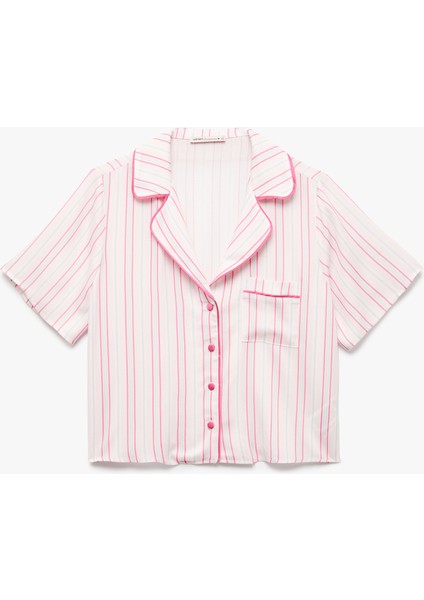 Viskon Kumaş Cepli Kısa Kollu Gömlek Yaka Pijama Üstü