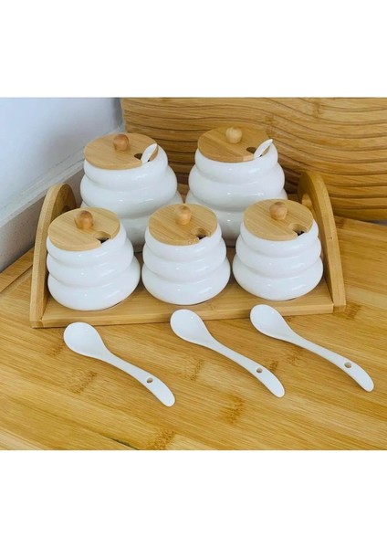 Bambu Standlı Porselen 5'li Baharatlık(Cmr)