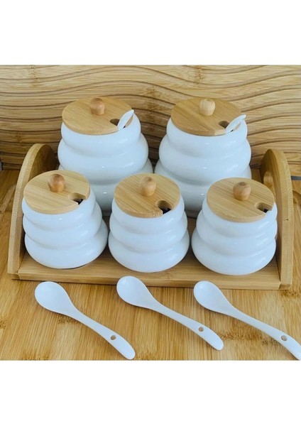 Bambu Standlı Porselen 5'li Baharatlık(Cmr)