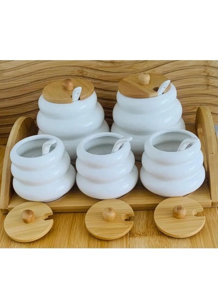 Bambu Standlı Porselen 5'li Baharatlık(Cmr)