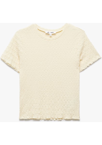 Basic Kısa Kollu Bisiklet Yaka Dokulu Crop Tişört Bürümcük