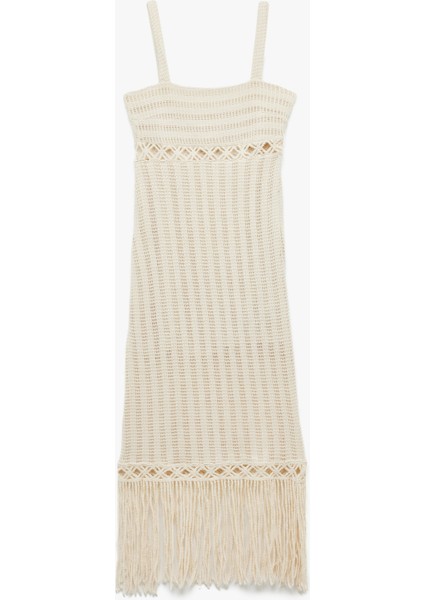 Slim Fit Kare Yaka Ajurlu Midi Boy Püsküllü Askılı Kroşe Elbise