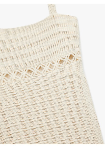 Slim Fit Kare Yaka Ajurlu Midi Boy Püsküllü Askılı Kroşe Elbise modelleri