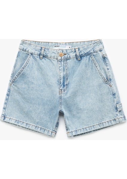 Pamuklu Chino Cepli Rahat Kalıp Düğmeli Mini Denim Şort