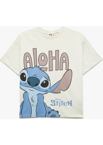 Lisanslı Stitch Baskılı Kısa Kollu Bisiklet Yaka Pamuklu Tişört